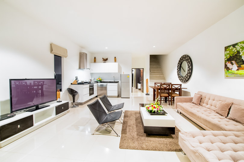 large villa livingroom with kitchen